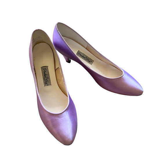 Vintage 80s Womens Satin Kitten Heels 9 Purple Shiny Prom Party Wedding Princess - Picture 1 of 6